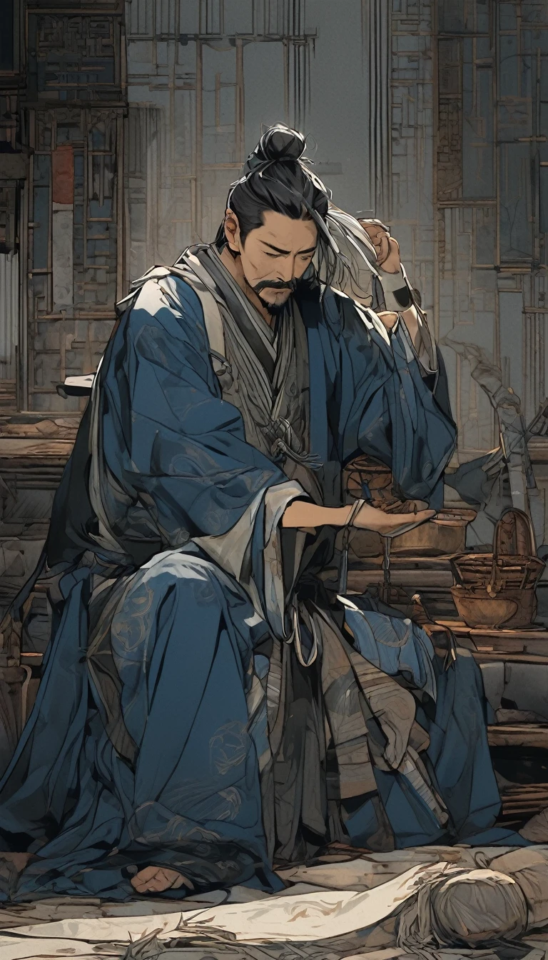 Line art drawing comic a perfect handsome male, Clear Face, 40-year-old man, beard, Hanfu, ((whole body)), despair, Detailed face,Perfect hand-crafted detail,Dark Background,sorrow,Sit down,hold one&#39;s head,tears,rain,
cast (unfathomable,Bamboo Flooring,rainガラスパネルブラウン運動,Diagonal lines,Zenith angle,Dust storm,Superfluid,ball,oval ,Flowing magic:1.0)| king, (Vibrant,Illuminate,Enthusiast,cycle,dark blue,Chrome Yellow Arcanum,Dazzling,shine ,liquid crystal,Space dust,Teleport,The Magic of Dashed Lines:1.0) Purification spell, Trace the symbol on the parchment with a quill, Precisely craft a spell, Astral Sparkle, Simple Positive XLv1, Ultra-high resolution, wallpaper, 8k,Richly textured details, Elevation, A magnificent composition, . graphic illustration, Comic art, graphic novel art, Vibrant, Very detailed . Professional, Sophisticated, Modern, Minimalist, graphic, Line art, vector graphics