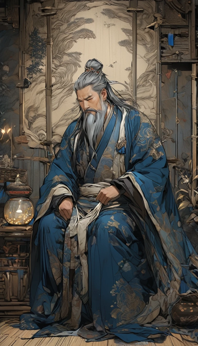 Line art drawing comic a perfect handsome male, Clear Face, 40-year-old man, beard, Hanfu, ((whole body)), despair, Detailed face,Perfect hand-crafted detail,Dark Background,sorrow,Sit down,hold one&#39;s head,tears,rain,
cast (unfathomable,Bamboo Flooring,rainガラスパネルブラウン運動,Diagonal lines,Zenith angle,Dust storm,Superfluid,ball,oval ,Flowing magic:1.0)| king, (Vibrant,Illuminate,Enthusiast,cycle,dark blue,Chrome Yellow Arcanum,Dazzling,shine ,liquid crystal,Space dust,Teleport,The Magic of Dashed Lines:1.0) Purification spell, Trace the symbol on the parchment with a quill, Precisely craft a spell, Astral Sparkle, Simple Positive XLv1, Ultra-high resolution, wallpaper, 8k,Richly textured details, Elevation, A magnificent composition, . graphic illustration, Comic art, graphic novel art, Vibrant, Very detailed . Professional, Sophisticated, Modern, Minimalist, graphic, Line art, vector graphics