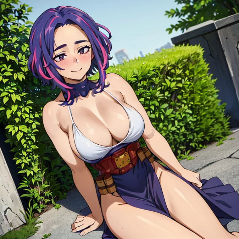 1girl, alone, lady nagant,(best quality, ultra detailed), ((full-face blush)), (detailed background:1.2), (perfect face, detailed face), looking at viewer, (mature female:1.4), smile lady_nagant, large breasts, short hair, sleeveless, streaked hair, bare shoulders, medium hair, belt, dress, purple hair,multicolored hair ,boots (garden, outdoors, sitting), perfect hands, perfect anatomy ((en bikini de color blanco "se resalte  las tetas" y  toda mojada)), *(("cara de excitada sacando la lengua" ))* (("en bikini ")) ((las piernas abiertas a en pose sexy en bikini))(( "sin falda" )) (("mostrando las bragas")) ((pose sexy mostrando sus  atributos)) ((las piernas abiertas viendo para la cámara mostrando  bragas)), (("cara sexy sacando la lengua "))