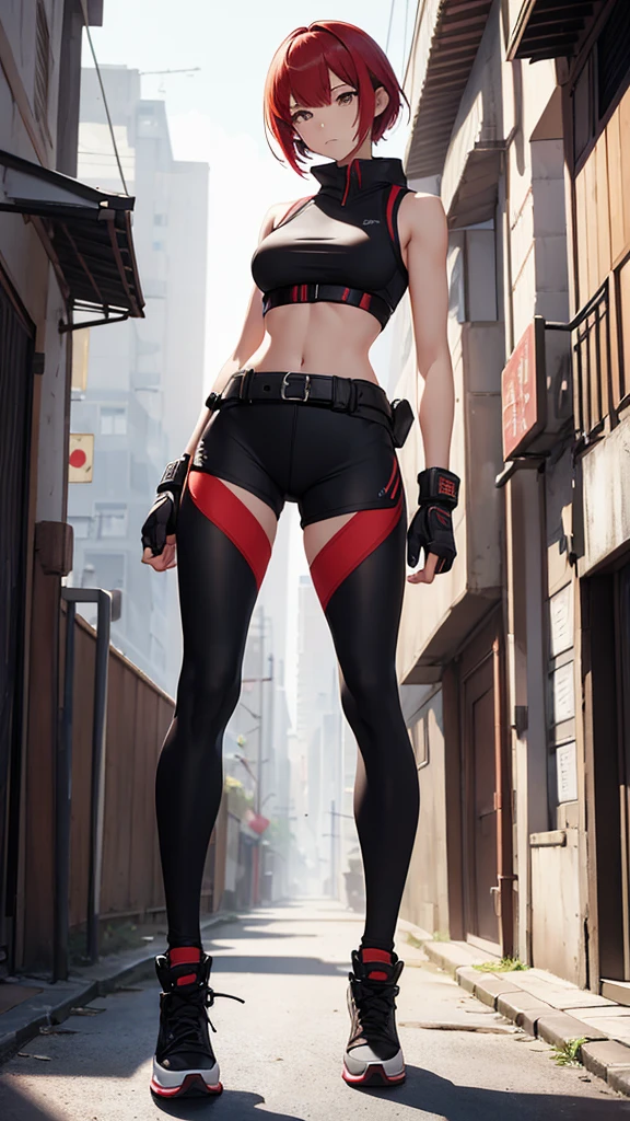 {{masterpiece}}, {{{best quality}}},{{ultra-detailed}}, {{illustration}},{{tall stature}},{{adult women}},skinny,Small breasts,Slender body,{{fighting stance}},((Leggings with integrated shorts)),Black leggings female fighter Red hair short cut Sleeveless uniform Martial Arts Belt ,Chinese style,full body, black fingerless gloves,Street Fight,Slums,1 female,alone,