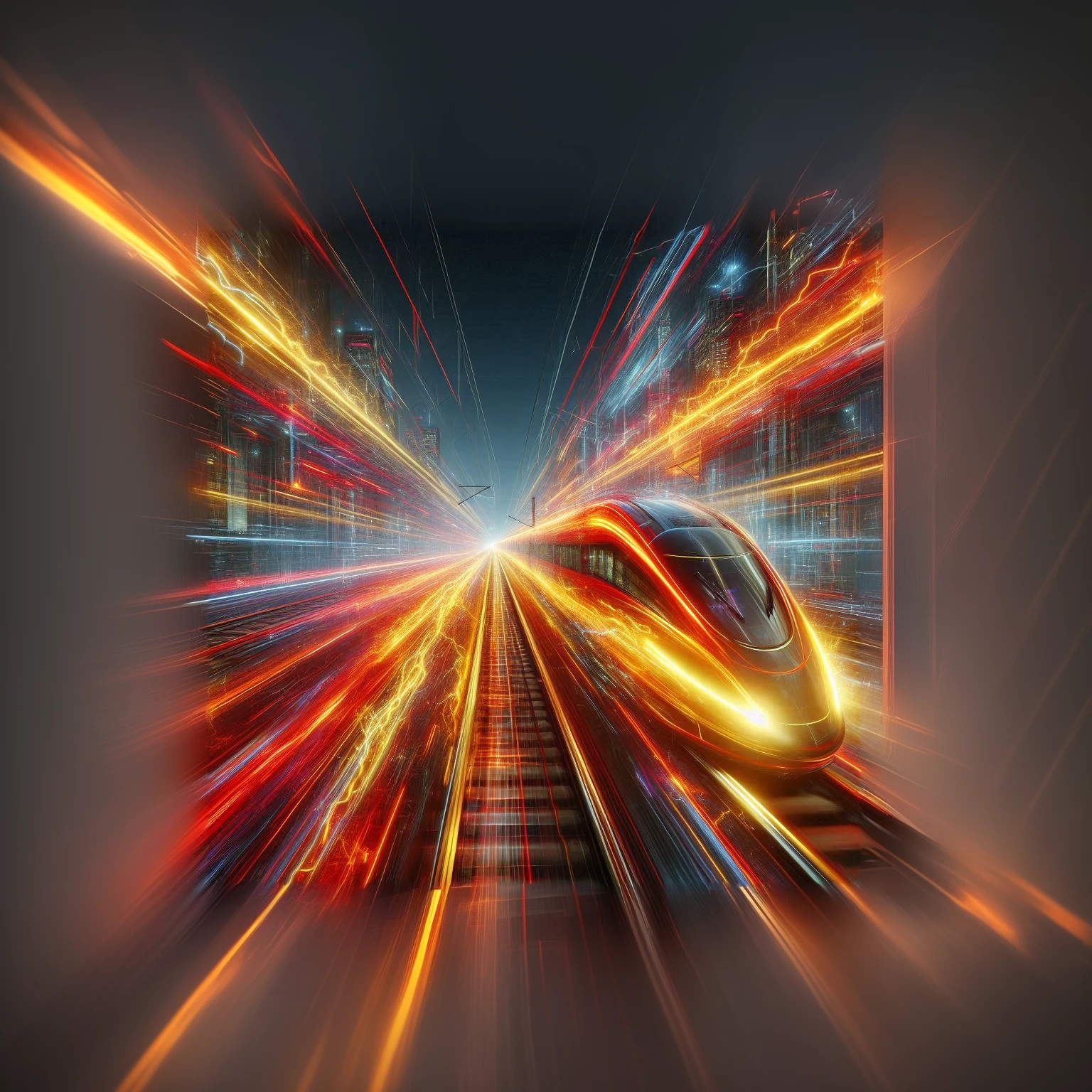 high-speed train with futurictic design, run on hight speed, realistic style. make this train look like a text TRAIN, red and yellow color