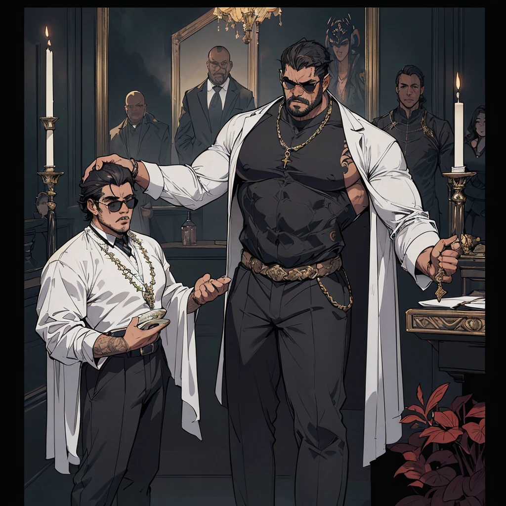 ((full body)),(angry),obra de arte:1.2, melhor qualidade, ultra detalhado,  absurdos, Marcus "Juggernaut" Johnson:
Physical Description: Gigantic, bulky muscles, tribal tattoos.
Personality: Gentle, loyal, and protective, bodyguard of an important figure.
Clothing: Tailored black suit, white shirt, sunglasses.
Setting: Luxurious mansion of a magnate, with guards at every corner.
Photography: Soft lighting highlighting the opulence of the mansion, contrasting with Juggernaut's imposing figure.  (retrato), cruzado, armadura elegante, (cocar elegante sobre capuz), Rei leproso, no estilo de Kentaro Miura, pele azul, (rosto desfigurado), partially cursed face, 1 mulher, fantasia, SCI-FI, Serious Expression, muscular, (Androgynous facial features), 