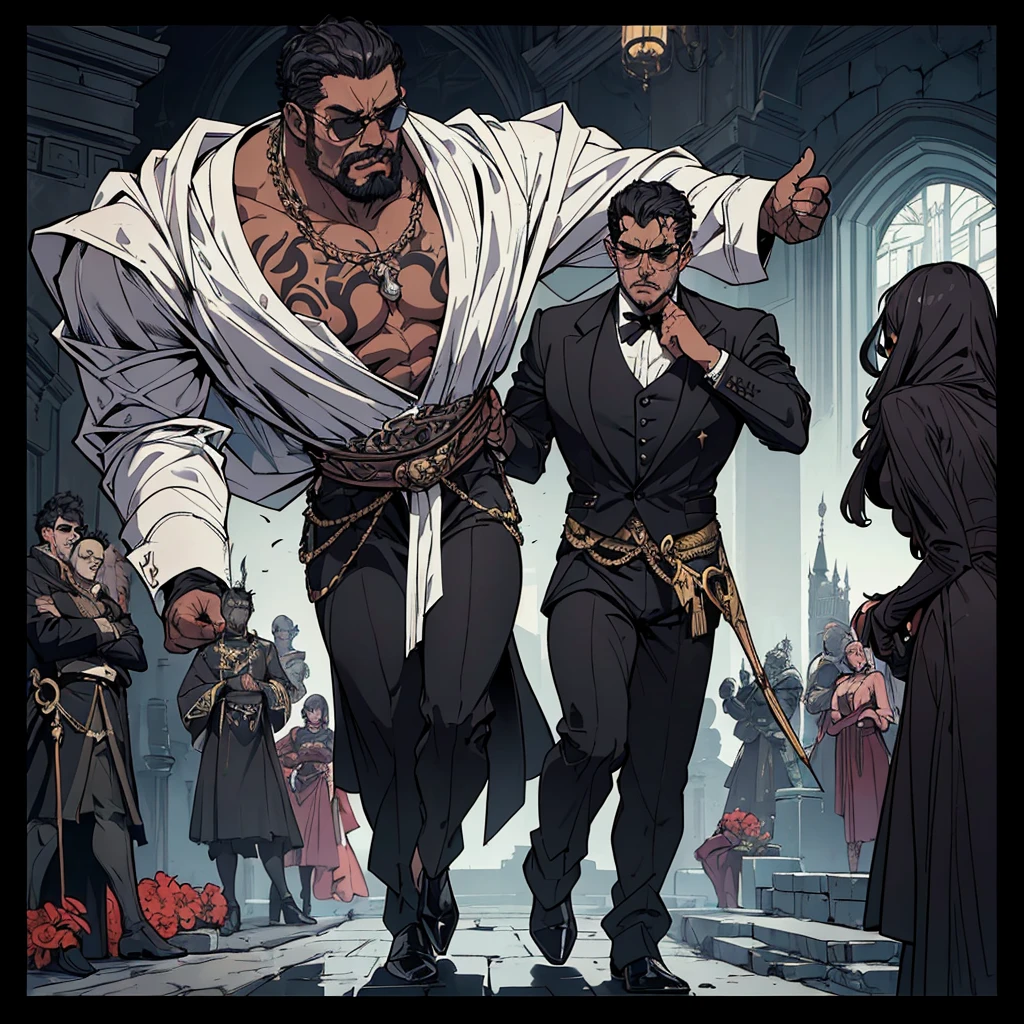 ((full body)),(angry),obra de arte:1.2, melhor qualidade, ultra detalhado, absurdos, Marcus "Juggernaut" Johnson:
Physical Description: Gigantic, bulky muscles, tribal tattoos.
Personality: Gentle, loyal, and protective, bodyguard of an important figure.
Clothing: Tailored black suit, white shirt, sunglasses.
Setting: Luxurious mansion of a magnate, with guards at every corner.
Photography: Soft lighting highlighting the opulence of the mansion, contrasting with Juggernaut's imposing figure. (retrato), cruzado, armadura elegante, (cocar elegante sobre capuz), Rei leproso, no estilo de Kentaro Miura, pele azul, (rosto desfigurado), partially cursed face, 1 mulher, fantasia, SCI-FI, Serious Expression, muscular, (Androgynous facial features),
