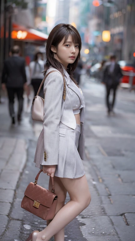 Mix 4, 20 days, 一人in, suit, School_uniform, School_suit, street, Are standing, Curvy, expensive_Heel, look_in_peeping in the viewer, full_body, (8k, RAW Photos, Highest quality, masterpiece:1.2), (Realistic, 写真ofようにリアル:1.37), Professional Lighting, Photon Mapping, Radio City, Physically Based Rendering, Blurred, Blurred_background, depth_of_Field