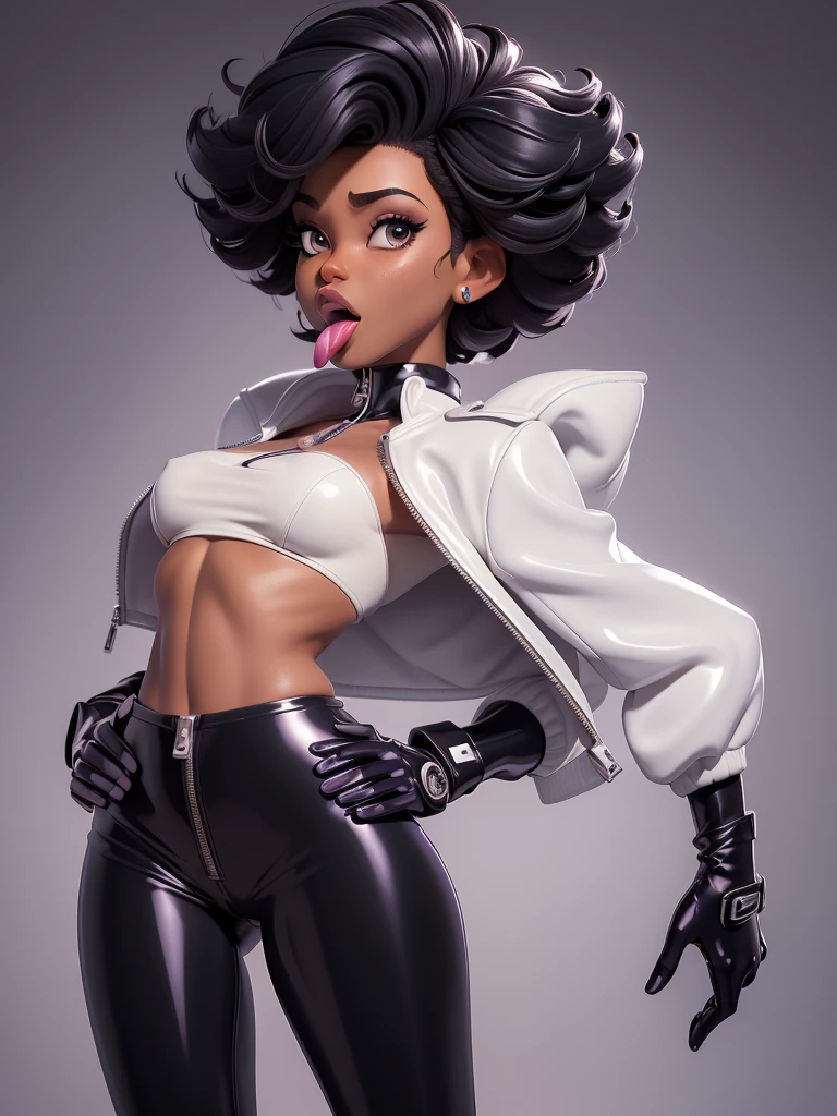 obra prima, melhor qualidade, ((one woman only,)) ((sage steele, dark black skin, afro kink bob hair, thin lips, shiny pearl lipstick,)) head back, ((sexy sultry wicked look, open mouth, pucker mouth,)) ((wearing shiny periwinkle pvc biker blazer,)) ((jacket is unzipped and wide open, small breasts, nip slip,)) jacket has padded puff shoulders, shiny leather gloves, ((shiny cream white micro mini pvc skirt,)) body is skinny, shiny tight buttocks, ((in luxury convertible, sexy tongue kissing, stick shift between legs,)) (camera view of whole body,) looking up at me, shallow depth of field, highres, HD, 8k, anatomically correct