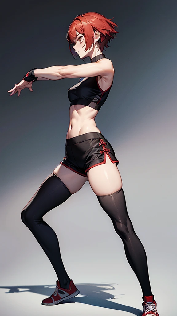 {{masterpiece}}, {{{best quality}}},{{ultra-detailed}}, {{illustration}},{{tall stature}},{{adult women}},skinny,Small breasts,Slender body,{{fighting stance}},((Leggings with integrated shorts)),Black leggings female fighter Red hair short cut Sleeveless uniform Martial Arts Belt ,Chinese style,full body, black fingerless gloves,Street Fight,Slums,1 female,alone,