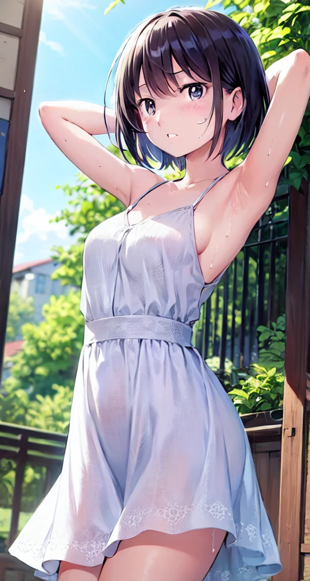 、(masterpiece、Highest quality)、Highest quality, Ultra-high resolution, (((masterpiece))), alone, Sweat、Big eyes, Please show me your armpits, No sleeve、Outdoor、Floral dress、Composition from the front、（Cut the back hair short、short hair、bionde、woman）、Shortcuts、Embarrassed face、Cut your hair short、Cute woman&#39;s 、Big Breasts