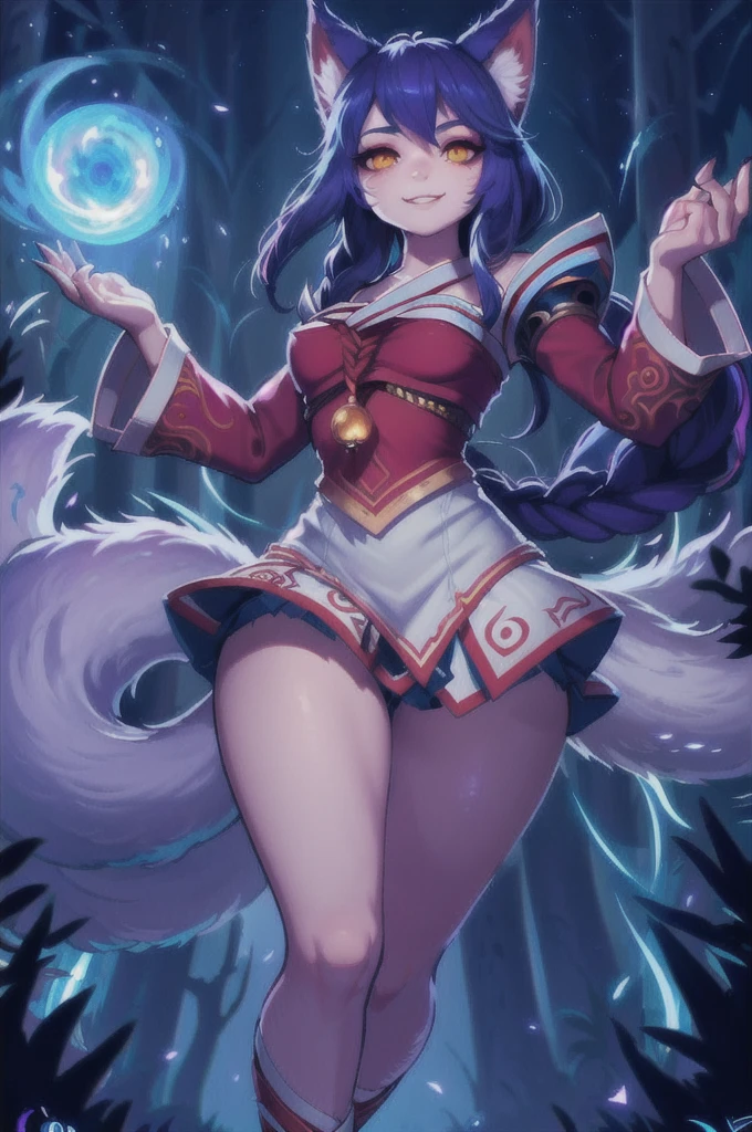 seketch art style,arhi , league of legends champion,masterpiece, best quality, IncrsAhri, braid, fox tail, multiple tails, korean clothes, skirt, (EnergyVeins:1.4), glowing, energy, energy ball, stance, evil smile,