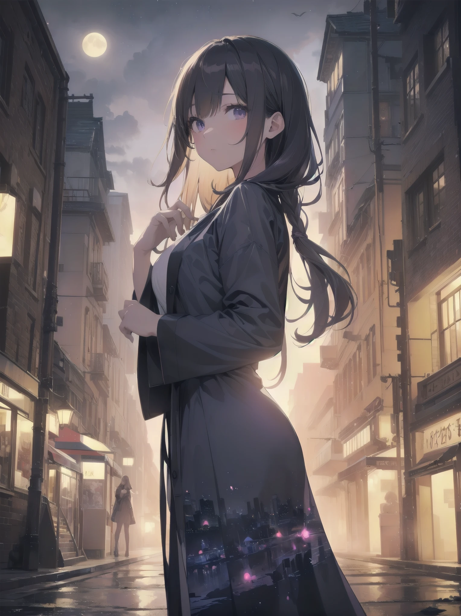 masterpiece, 8k, Highest quality, Very detailed, Purple & A beautiful girl in a blue magical robe with a moon motif、Close-up on the characters、(building, city、A dense fog of fluorescent particles、1800Era、Western style、Fiction、grow、Overwhelming、Detailed street)、A pretty woman with a beautiful background and a lovely pose