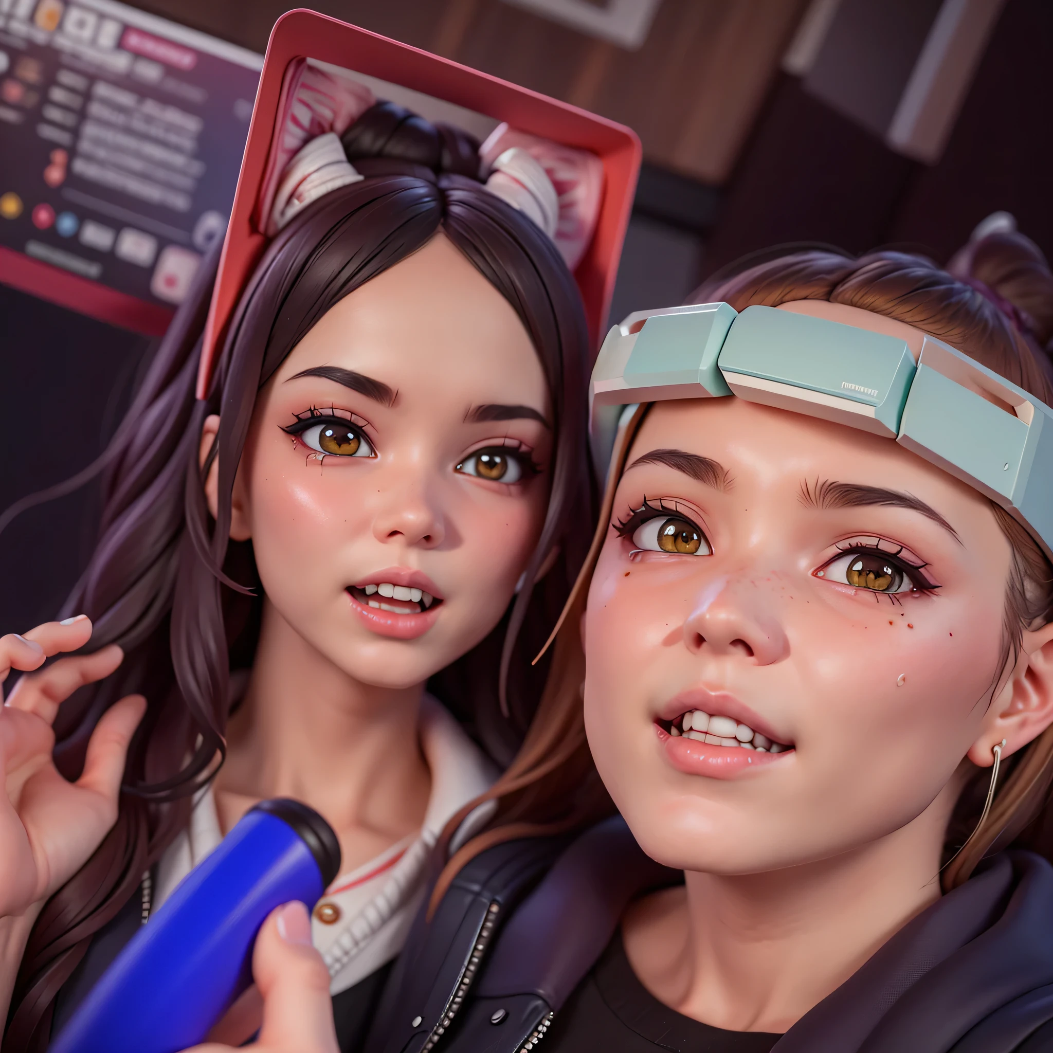 there are two women that are posing for a picture together, ruan jia and mandy jurgens, profile image, profile pic, 3 0 years old woman, 30 years old woman, reddit post, 🤬 🤮 💕 🎀, profile picture, 3 0 years woman, night time, scandy and arender, leaked photo, mai anh tran, selfiechibi,blindbox, plastican00d,(best quality, 4k, 8k, highres, masterpiece:1.2), ultra-detailed, playful, cartoon, cute, 3d rendering,