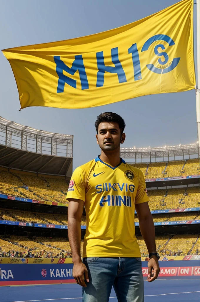 a 20 years old young fan boy wearing yellow t shirt with name “Shishir” written on it, and standing with dhoni and dhoni is wearing chennai super kings jersey and, background featured ipl stadium. csk flags flying in the background of them. generate high resolution realistic image