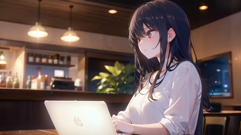 Highest quality, masterpiece, Ultra-high resolution, (Realistic: 1.4), 1 girl, Black Hair, Glowing Skin, Dramatic lighting, Coffee shop,jazz,coffee,laptop