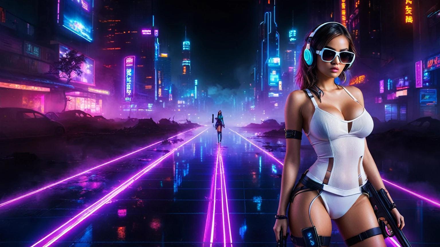 dark futuristic landscape, at night, neon lights, Atmospheric fog, large buildings in the background, futuristic city, streets with open shops, skyscraper (postapocalyptic city:1.3). (((1girl, solo, alone))), large-breast:1.2 slim body, cleavage:1.1, sexy miniskirt, (((headphone, black sunglasses, standing and holding pistol pose))), (((half-body thigh level medium shot))), cinematic lighting, lens flare, ray tracing.