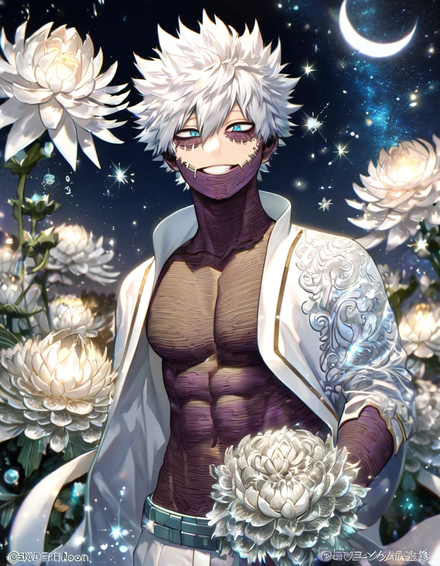 absurdres, highres, ultra detailed, HDR, master piece, best quality, extremely detailed, Dabi, white hair, expressive turquoise eyes, Boku No Hero Academia, solo, sexy man, handsome, smile, white coat, without shirt, white pants, toned chest, fantasy, water, sparkling, silver glittering fireflies, silver moon, silver blossoms, silver chrysanthemums, silver sparkling lights, starry sky, magical