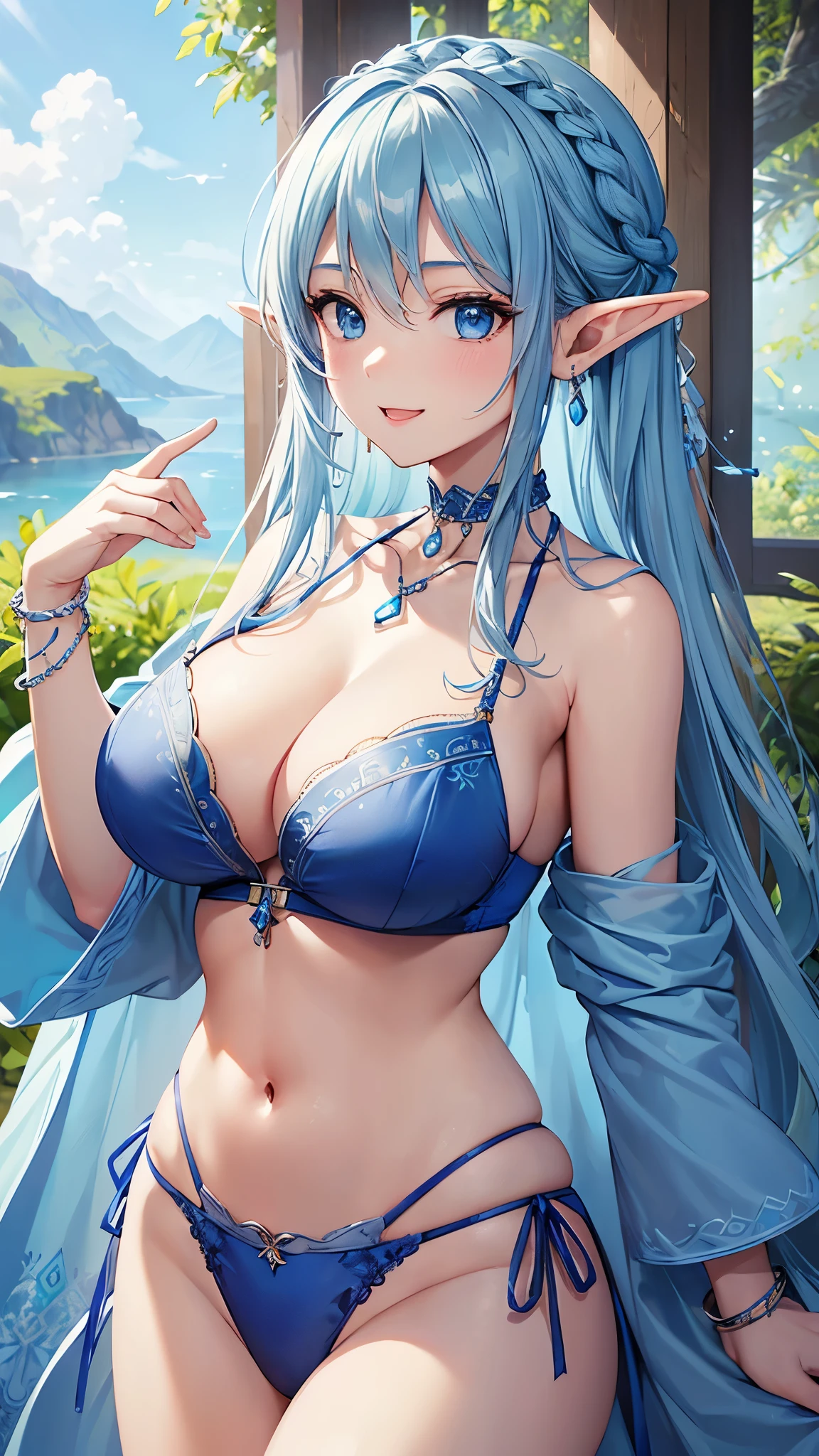 Highest quality、Highest quality、masterpiece、(8k resolution),beauty(Age 25)、(Mature Appearance)、Light blue long hair(Braiding of the sides)、blue eyes、(Blue underwear with detailed embroidery)、(Elf)、Big cleavage、((Very large breasts))、smile、blue necklace、Blue Earrings、background(ice)、Please open your mouth wide、bracelet、Dynamic pose、Blue choker、