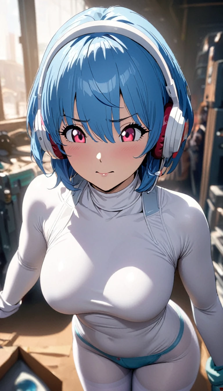 Anime Reality,Soft Light, masterpiece, best quality,high quality,Delicate face, Practical,photoPractical,1 Girl,
Bulma Dragon Ball, Bulma briefs,White tights,Red Eyes,Pilot suit,short hair,Blue Hair,Bangs,Interface Headphones,turtleneck sweater,Hair between the eyes
