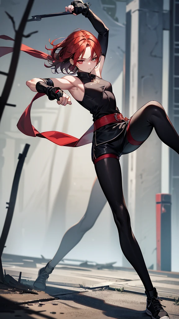 {{masterpiece}}, {{{best quality}}},{{ultra-detailed}}, {{illustration}},{{tall stature}},{{adult women}},skinny,Small breasts,Slender body,{{fighting stance}},((Leggings with integrated shorts)),Black leggings female fighter　Red hair short cut　Sleeveless uniform　Martial Arts Belt　,Chinese style,full body, black fingerless gloves,Street Fight,Slums,1 female,alone,