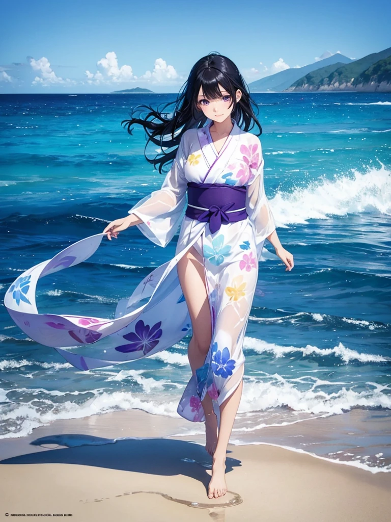 Transparent sea, mirror-like beach, background with splashes of water, a woman with black hair and beautiful purple eyes wearing a white yukata is walking, full-body illustration, rainbow-colored halation, sparkling wind, beautiful illustration, watercolor painting