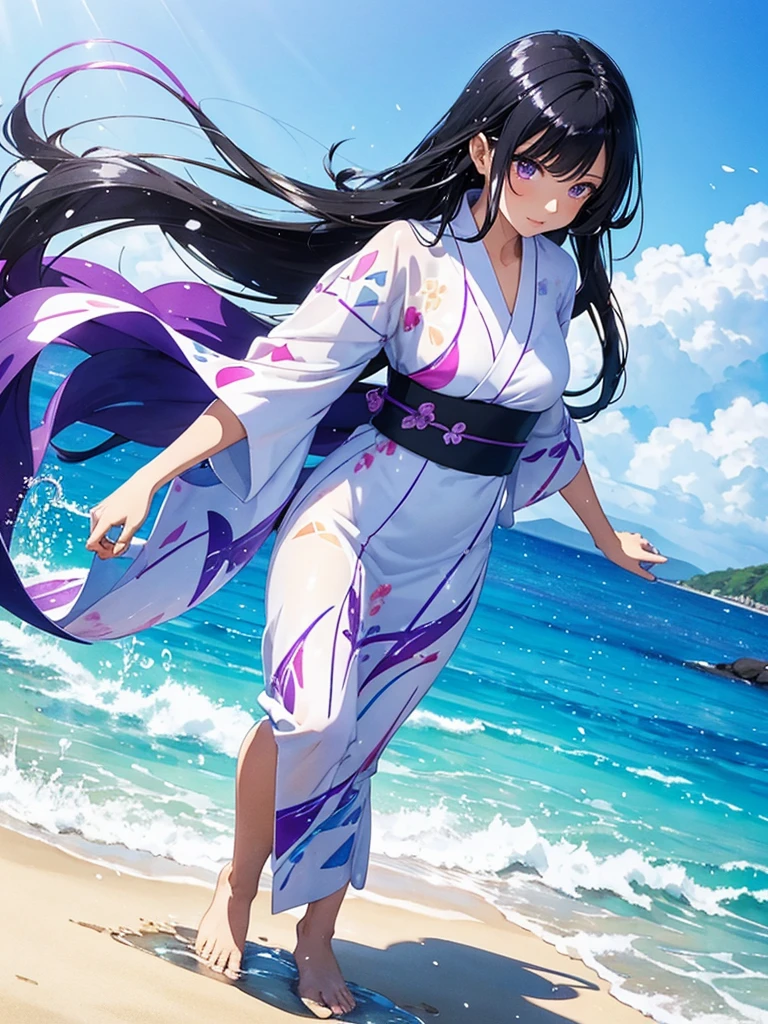 Transparent sea, mirror-like beach, background with splashes of water, a woman with black hair and beautiful purple eyes wearing a white yukata is walking, full-body illustration, rainbow-colored halation, sparkling wind, beautiful illustration, watercolor painting