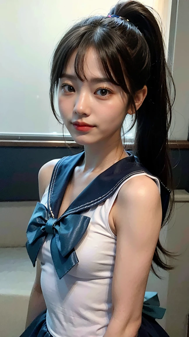 (8k、RAW Photos、Highest quality、masterpiece:1.2)、(Realistic、Realistic)、1 Girl、((Sailor Moon Costume:1.2、View from the front、smile、Looking into the camera))、cute、((Tabletop、Close-up、Upper Body、ponytail))illumination、Natural light、Colorful slime background