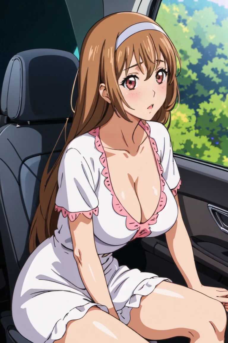 Ayumumo, One girl, alone, hair band, meanwhile, White Dress, Dress Lift, Sitting, blush, Lips parted, Cleavage, View your viewers, Inside the car, Seat belt around chest