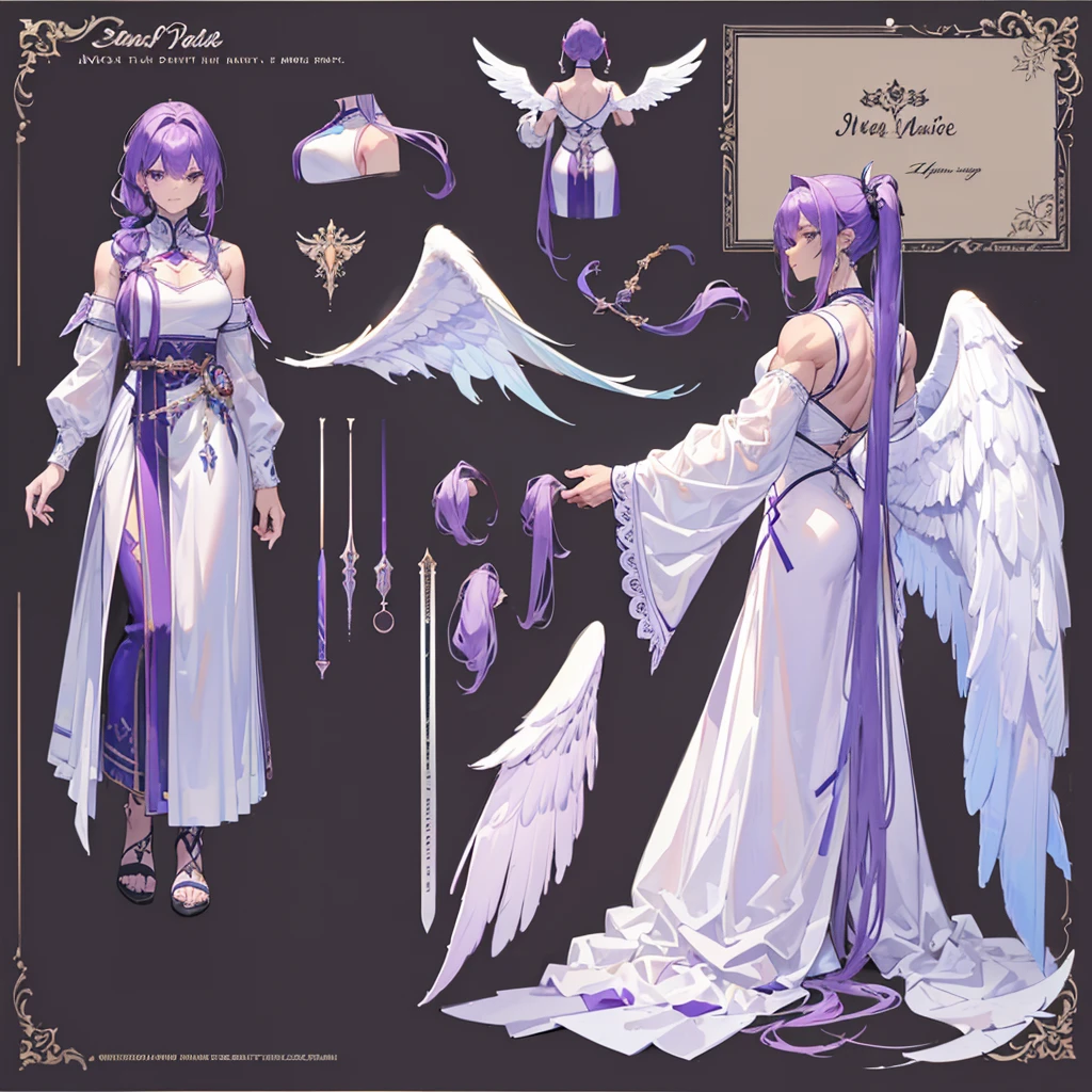 (Masterpiece, best quality), detailed, 1 man, ((character concept art)), ((character design sheet, same character, front, side, back)), full body, body complete, 1 Male angel, 1 Man angel, Detailed face, character design sheet，full bodyesbian, Highly detailed, character sheet, character design, Many parts, dark skin, angel wings, long ponytail purple hair, angel outfit, muscle male god, male clothes, masculine, muscle man, male muscle, manly, male angel, Muscle male with long ponytail purple hair，beautiful man, beautiful muscle man