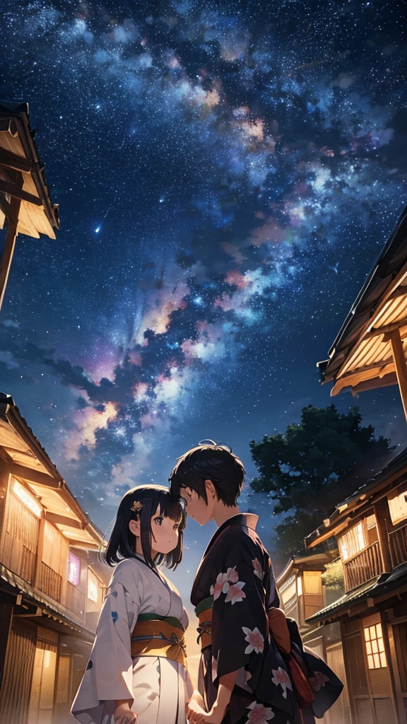 Tanabata Night, Leaf Forest, Men and women wearing kimono, Holding hands and looking up at the sky, Milky Way in the sky