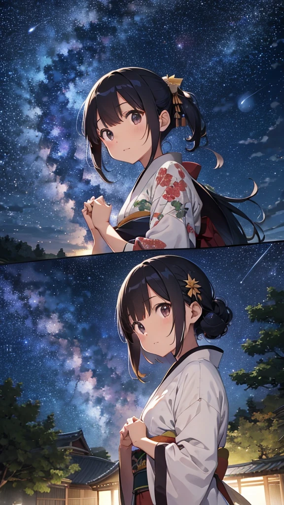 Tanabata Night, Leaf Forest, Men and women wearing kimono, Holding hands and looking up at the sky, Milky Way in the sky