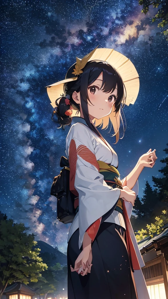 Tanabata Night, Leaf Forest, Men and women wearing kimono, Holding hands and looking up at the sky, Milky Way in the sky
