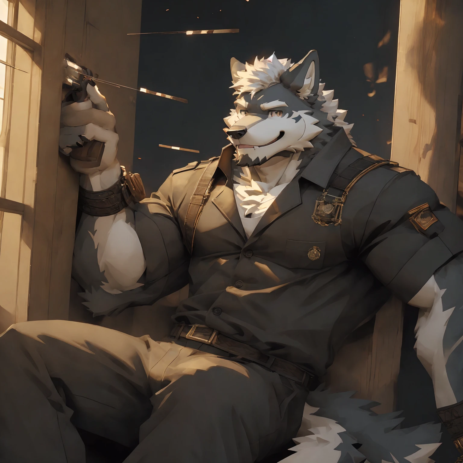 (masterpiece),(Very detailed),(Very detailed),(best quality),hairy,Wolf,Gray fur,White hair,Golden pupils,Robust construction,Smile,(Black casual wear (Open the 1.2)),((Wall Shooting)),8k,((high quality))