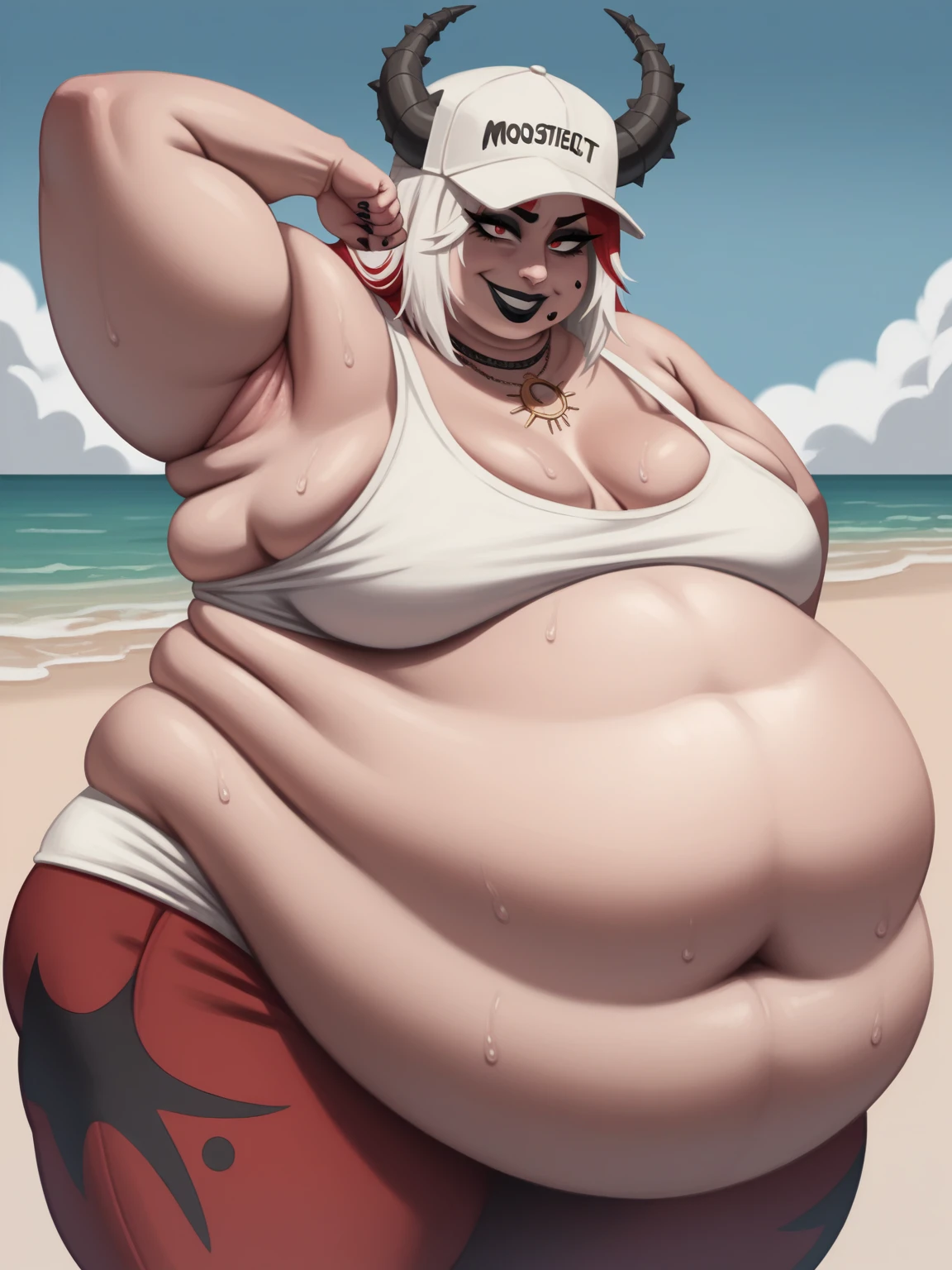 Masterpiece, perfect face, nostril piercing, black lipstick, perfect hands, Sunkissed skin all over, Thicc, black fingernails and toenails, extremely morbidly obese, black and red hair, ((wearing)), red and black top, grey sweat pants, detailed feet, voluptuous, smile, (anatomically correct), (Perfect/ realistic proportions:1.2), (overwhelmingly fat arms), ((extremely widest hips possible!)), ((extremely massive thick thighs, morbidly large belly), belly overhang!)), (1080P, 4k UHD, Masterpiece:2.1!) ((single)), background: brick