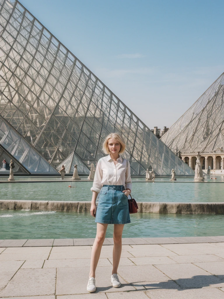 her name is Amelie, high quality, 1girl, ((20-year-old fit Caucasian woman)), ((20 years old)), ((SLIM)), ((short blonde hair)), pose: standing, wearing Contemporary Generation-Z modern wear pastel colored, BACKGROUND: Strolling through the Jardin des Tuileries, with its beautifully manicured gardens and views of the Louvre and the Eiffel Tower.