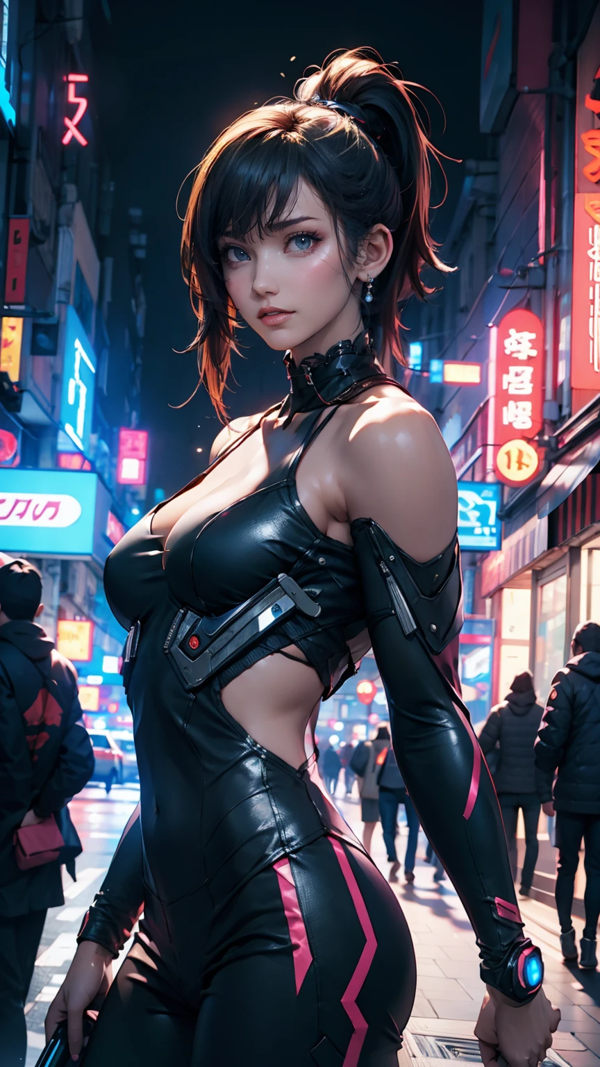 (masterpiece, Highest quality, 8k, Sharp focus, Depth of written boundary, Best Shadow, Perfect lighting, High resolution, Realistic skin texture, Highly detailed background), Anime Style, Long Angle Shot, ((Cyberpunk Theme)), alone, 1 female, She&#39;s a mercenary, (Green Eyes, White skin, Black hair ponytail, choker, Small breasts, slim, compensate, eyeliner, Gloss), She works in a futuristic Korean city., Gripping the Tech Katana firmly, night, null, Waning Moon, Wearing a nice technical jacket and leather pants.