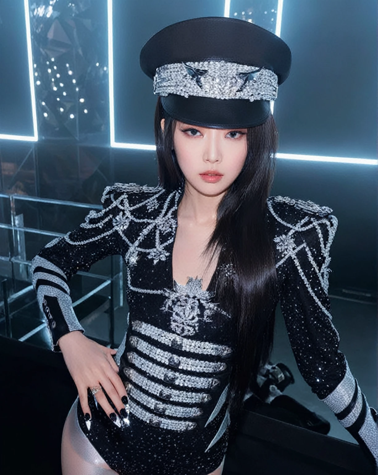 araffe dressed in a black and silver outfit posing for a picture, full body xianxia, xision wu, iu lee ji-eun as a super villain, jia, cai xukun, portrait of jossi of blackpink, sha xi, xianxia, with shoulder pads, fan bingbing, official, wearing louis vuitton armor, sakimichan