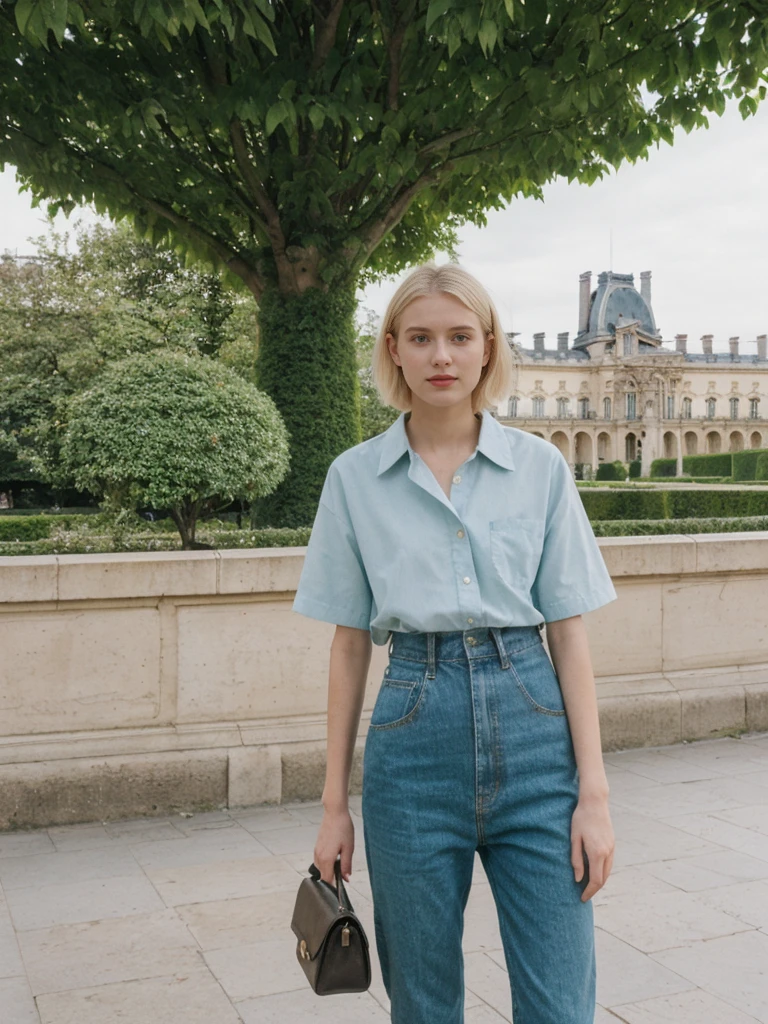 her name is Amelie, high quality, 1girl, ((20-year-old fit Caucasian woman)), ((20 years old)), ((SLIM)), ((short blonde hair)), pose: standing, wearing Contemporary Generation-Z modern wear pastel colored, BACKGROUND: Strolling through the Jardin des Tuileries, with its beautifully manicured gardens and views of the Louvre and the Eiffel Tower.