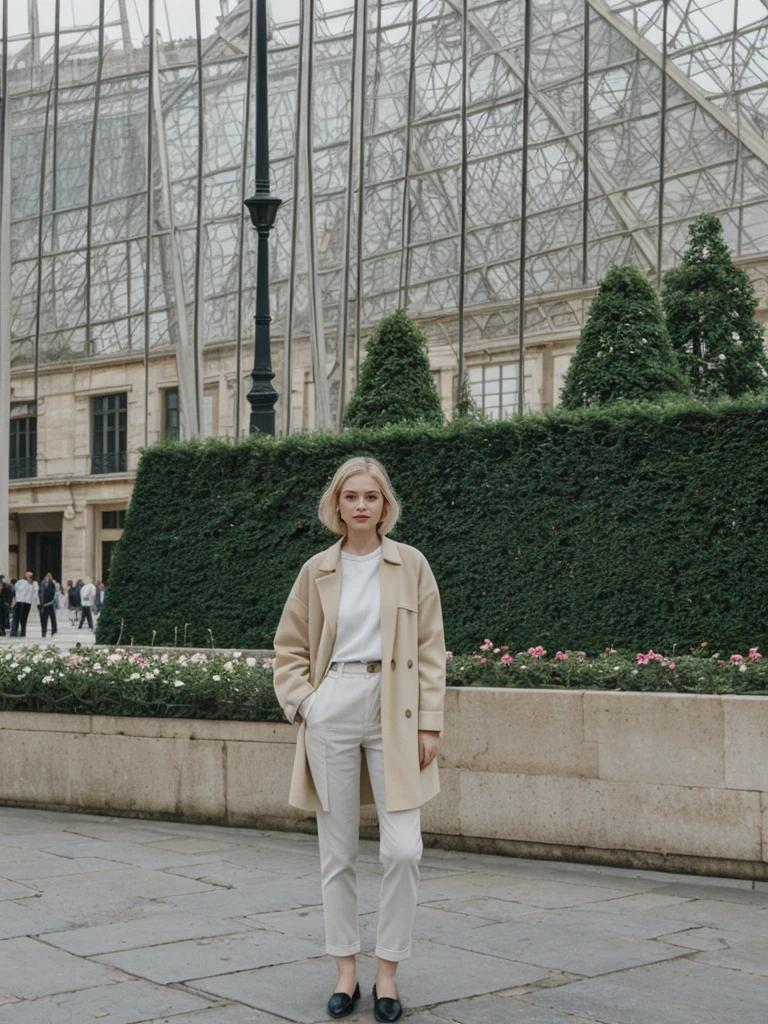 her name is Amelie, high quality, 1girl, ((20-year-old fit Caucasian woman)), ((20 years old)), ((SLIM)), ((short blonde hair)), pose: standing, wearing Contemporary Generation-Z modern wear pastel colored, BACKGROUND: Strolling through the Jardin des Tuileries, with its beautifully manicured gardens and views of the Louvre and the Eiffel Tower.