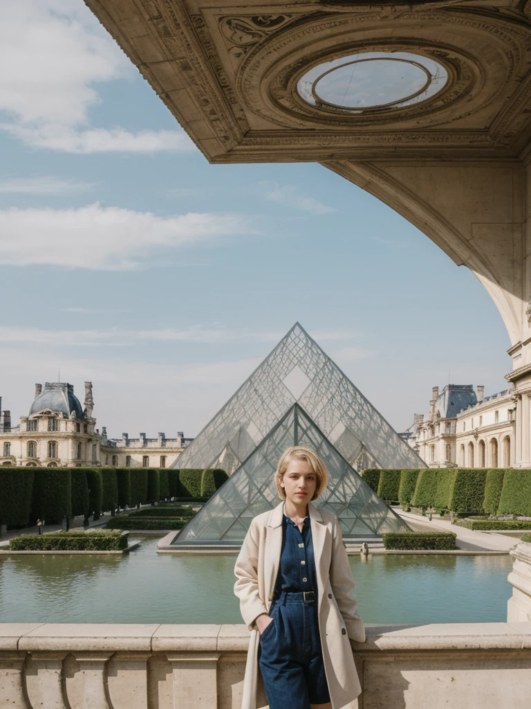 her name is Amelie, high quality, 1girl, ((20-year-old fit Caucasian woman)), ((20 years old)), ((SLIM)), ((short blonde hair)), pose: standing, wearing Contemporary Generation-Z modern wear pastel colored, BACKGROUND: Strolling through the Jardin des Tuileries, with its beautifully manicured gardens and views of the Louvre and the Eiffel Tower.