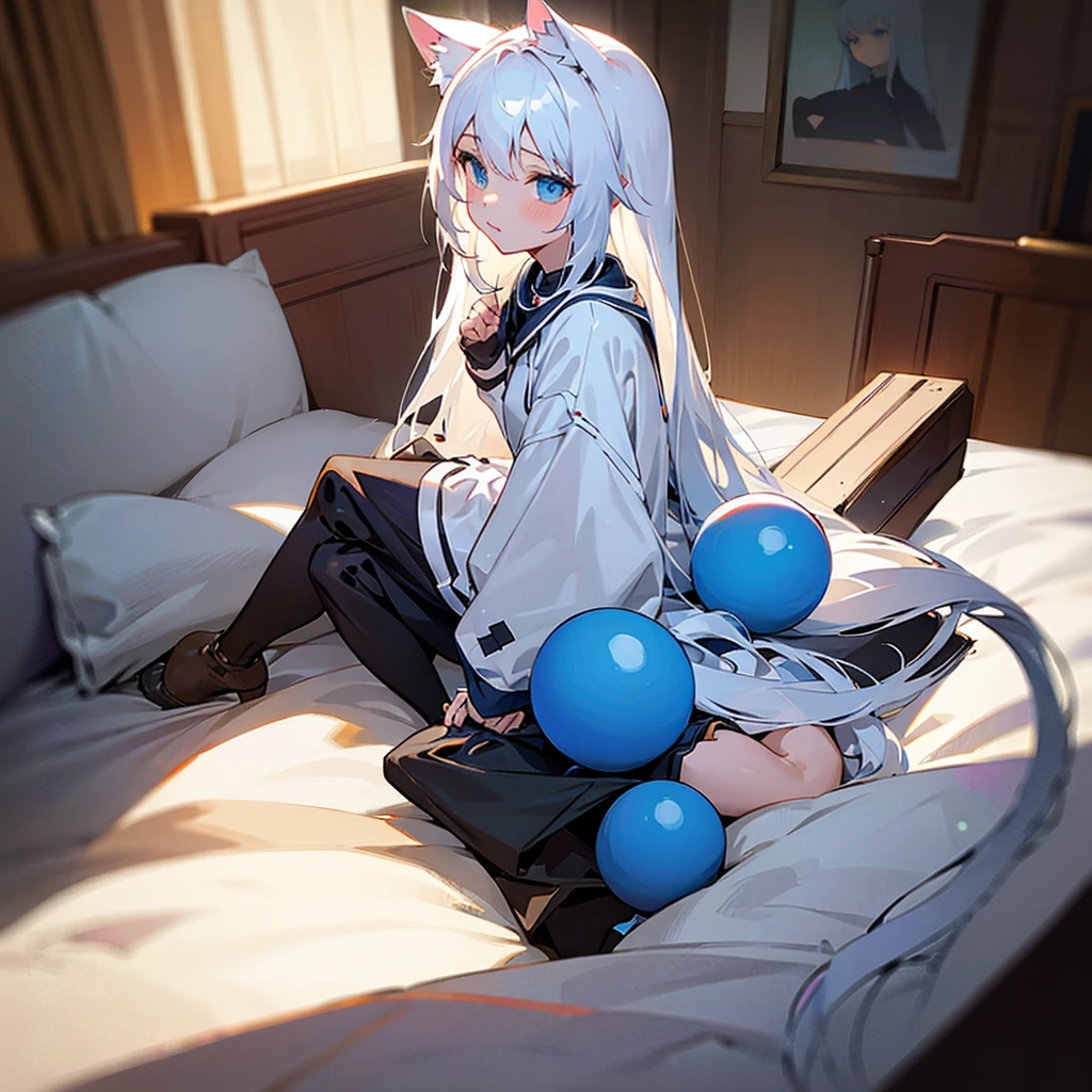 Masterpiece White Hair long hair On the bed close Cat ear Blue Eye Girl sitting