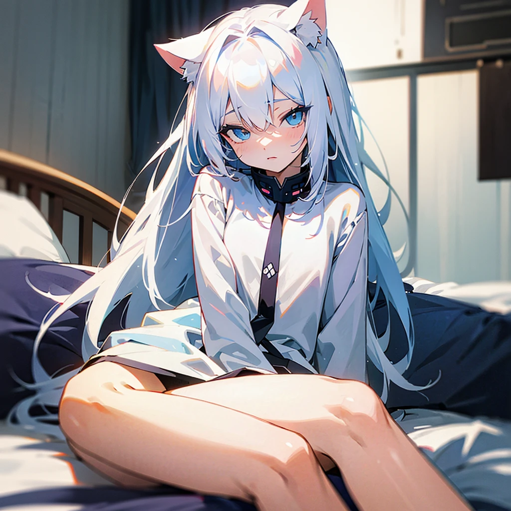 Masterpiece White Hair long hair On the bed close Cat ear 13 years old Blue Eye Girl sitting