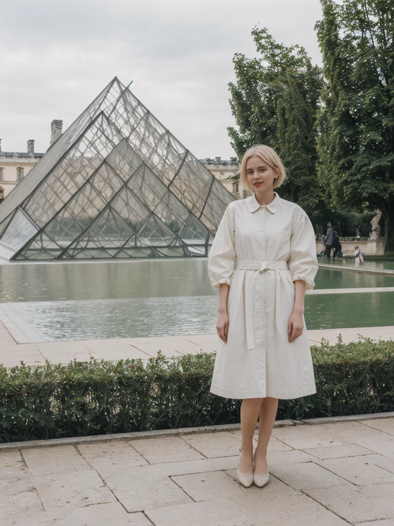 her name is Amelie, high quality, 1girl, ((20-year-old fit Caucasian woman)), ((20 years old)), ((SLIM)), ((short blonde hair)), pose: standing, wearing Contemporary Generation-Z modern wear pastel colored, BACKGROUND: Strolling through the Jardin des Tuileries, with its beautifully manicured gardens and views of the Louvre and the Eiffel Tower.