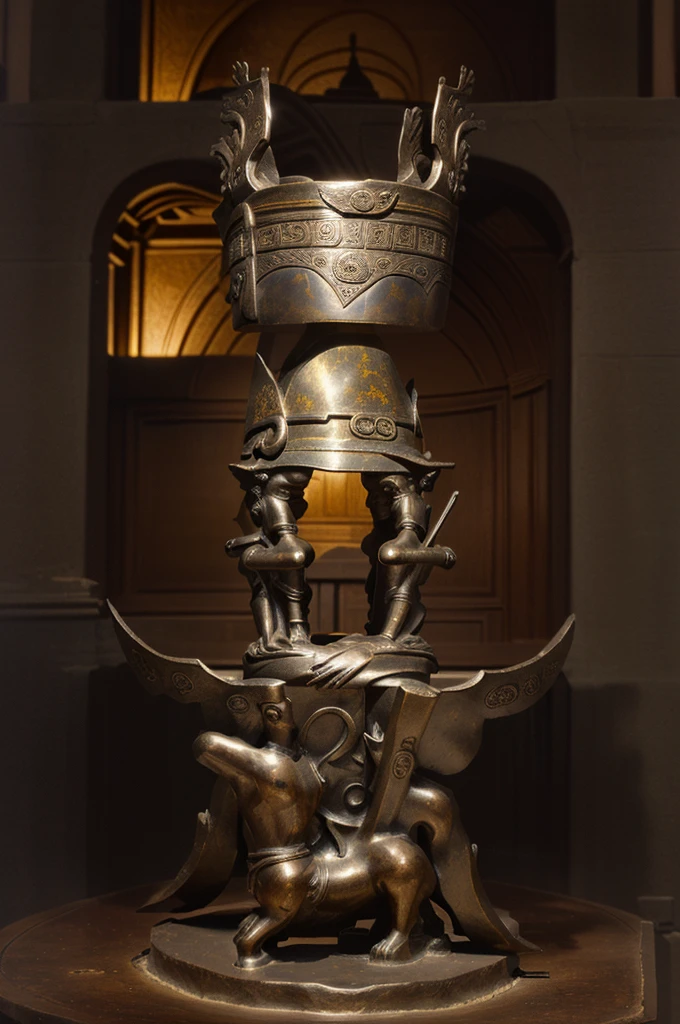 There is a statue of a man on the bronze base of Sanxingdui,There is a square tripod on it.,三星堆Bronze headdress, Dongshan Bronze Ware, Museum artifacts, Bronze headdress, Mediocrity on a pedestal, Dongshan Bronze Ware, Museum items,Moon Ancient Silver Tower, Bronze, museum collection, An ancient,masterpiece,Rich details,High Definition