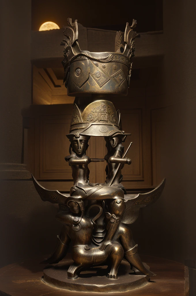 There is a statue of a man on the bronze base of Sanxingdui，There is a square tripod on it.,三星堆Bronze headdress, Dongshan Bronze Ware, Museum artifacts, Bronze headdress, Mediocrity on a pedestal, Dongshan Bronze Ware, Museum items,Moon Ancient Silver Tower, Bronze, museum collection, An ancient，masterpiece，Rich details，High Definition