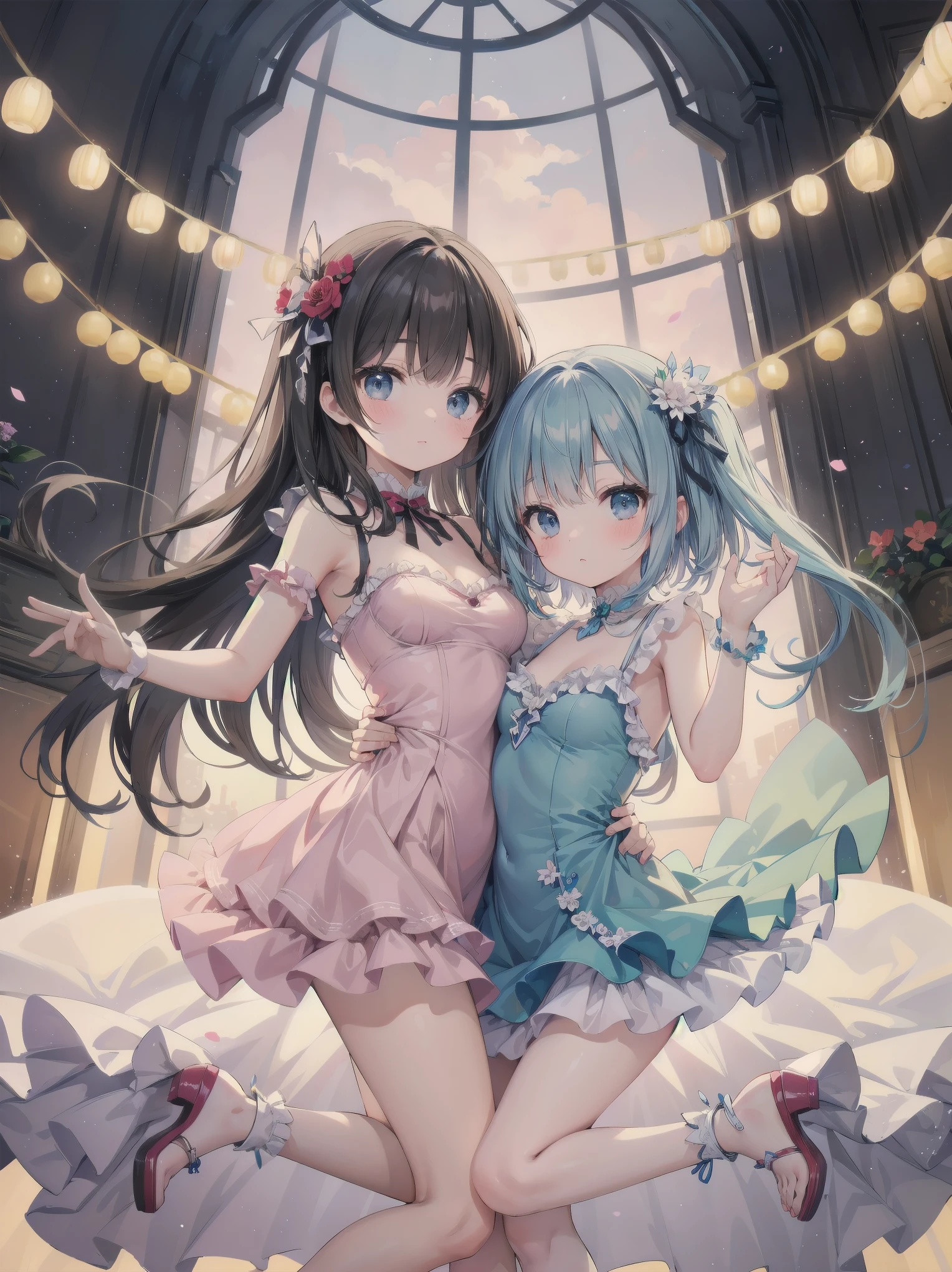 masterpiece、so beautiful、Clear contours、Beautiful girls wearing cute frilly dresses are dancing and making cute poses.