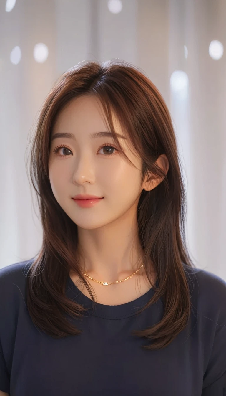 Best Quality, 8k, Masterpiece, (Portrait: 1.3), (photo realistic:1.4), (hyper realistic:1.4), Sharp Focus, looking at viewer, (smoother lighting:1.1), (increase cinematic lighting quality:0.9), realistic lighting, backlighting, light on face, ray trace, (brightening light:1.2), (Increase quality:1.4), sharp detail, (best quality real texture skin:1.4), finely detailed eyes, black_eyes, finely detailed face, 25 year old Korean woman,smiling_face