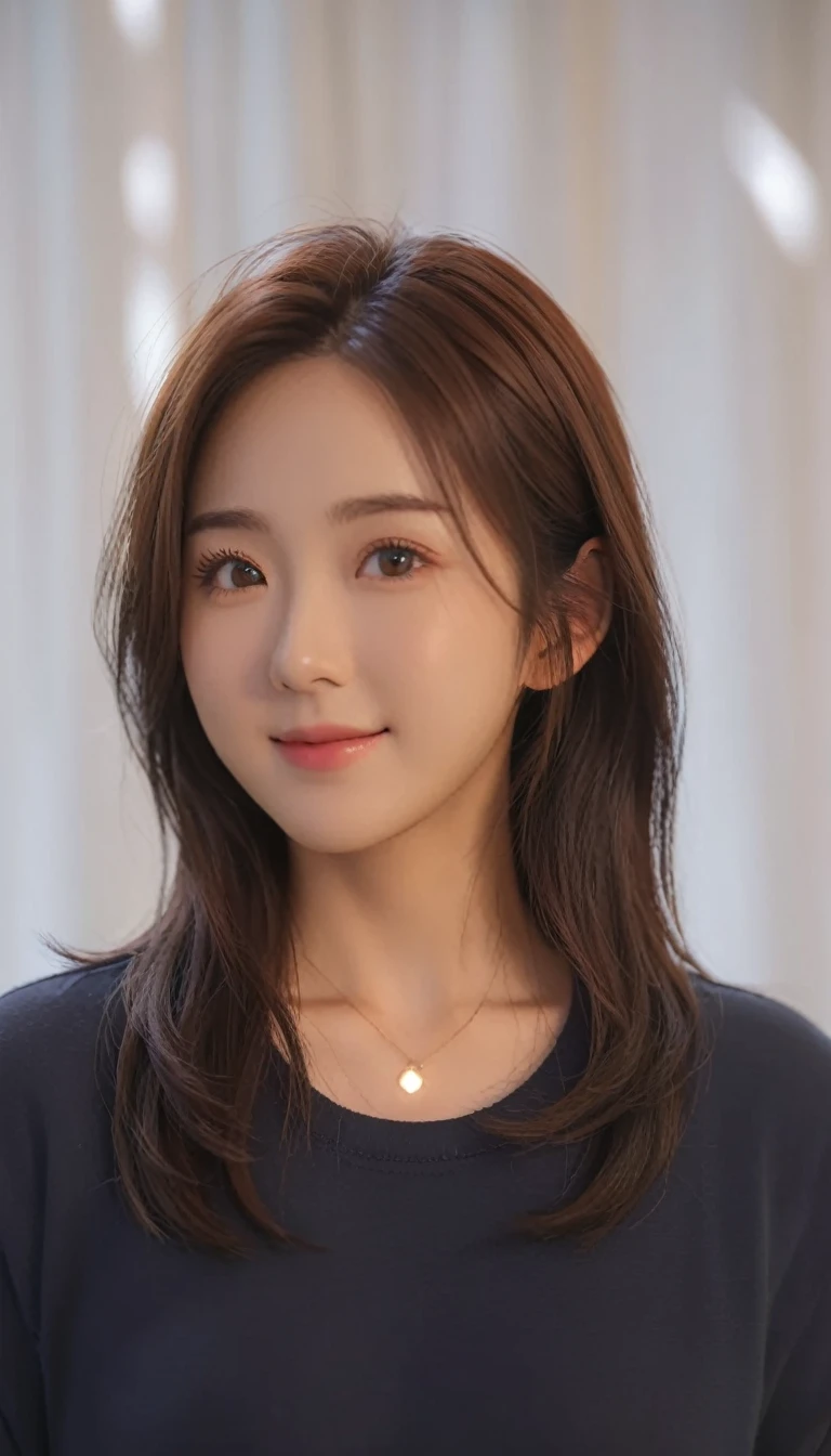 Best Quality, 8k, Masterpiece, (Portrait: 1.3), (photo realistic:1.4), (hyper realistic:1.4), Sharp Focus, looking at viewer, (smoother lighting:1.1), (increase cinematic lighting quality:0.9), realistic lighting, backlighting, light on face, ray trace, (brightening light:1.2), (Increase quality:1.4), sharp detail, (best quality real texture skin:1.4), finely detailed eyes, black_eyes, finely detailed face, 25 year old Korean woman,smiling_face