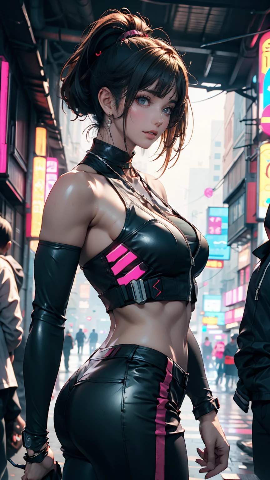 (masterpiece, Highest quality, 8k, Sharp focus, Depth of written boundary, Best Shadow, Perfect lighting, High resolution, Realistic skin texture, Highly detailed background), Anime Style, Long Angle Shot, ((Cyberpunk Theme)), alone, 1 female, She's a mercenary, (Green Eyes, White skin, Black hair ponytail, choker, Small breasts, slim, compensate, eyeliner, Gloss), She works in a futuristic Korean city., Gripping the Tech Katana firmly, night, null, Waning Moon, Wearing a nice technical jacket and leather pants.