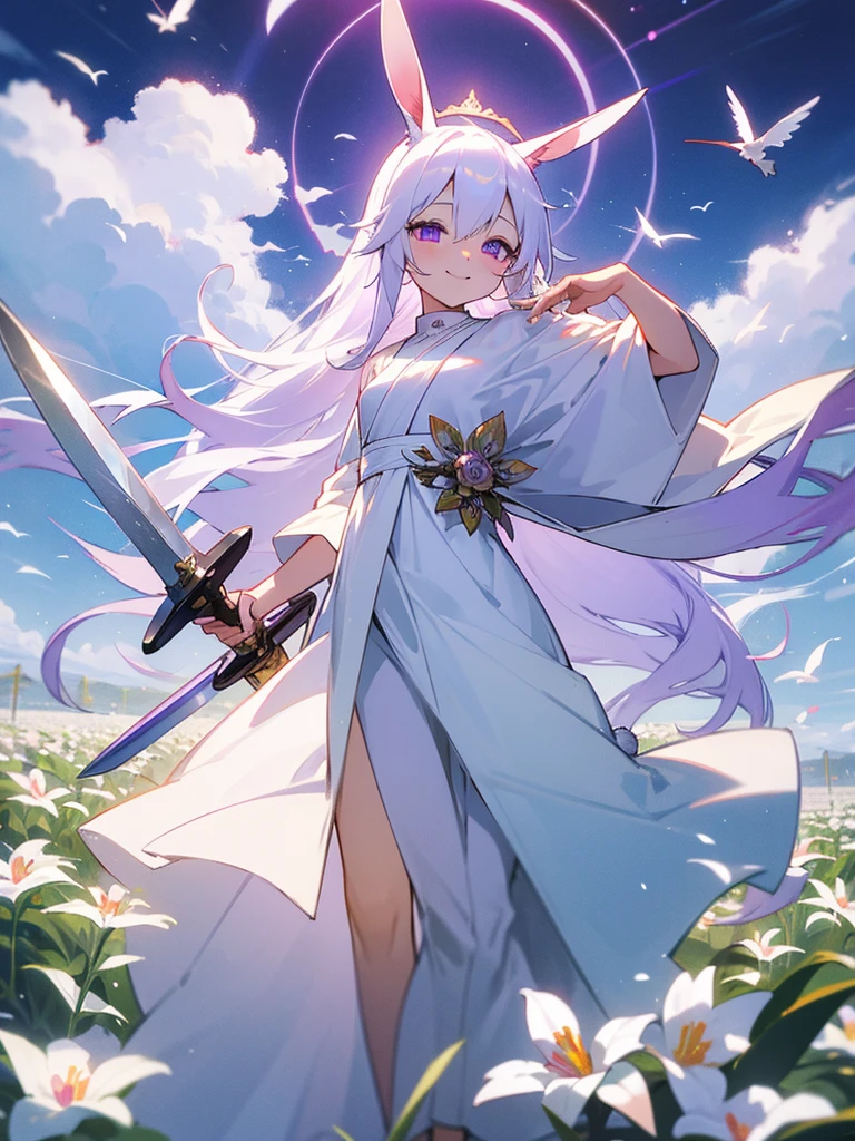 Buddha, rabbit ears, long white hair, white dress, portable shrine, festival, angel halo, flower field, sword on waist, purple eyes, smile, swallow