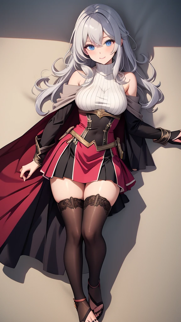 (masterpiece, best quality, ultra-detailed, best shadow), solo girl, silver hair, blue eyes, long hair, medium breasts, sexy body and face, wavy hair, smile, parted lips, red lips, circlet, skirt, bridal gauntlets, jewelry, cape, bare shoulders, sandals, sleeveless dress, red cape, long sleeves, wide sleeves, side slit, white dress, detached sleeves, turtleneck, ribbon, pink dress, fingerless gloves, cafe, sexy pose, cowboy shots,  sharp focus, vibrant, creative, dynamic, high definition, high resolution, 8k, (Upscale: R-ESRGAN 4x+ Anime6mage enchance:4x), voluptuous body, cinema lightning, dakimakura style, looking at the viewer, 