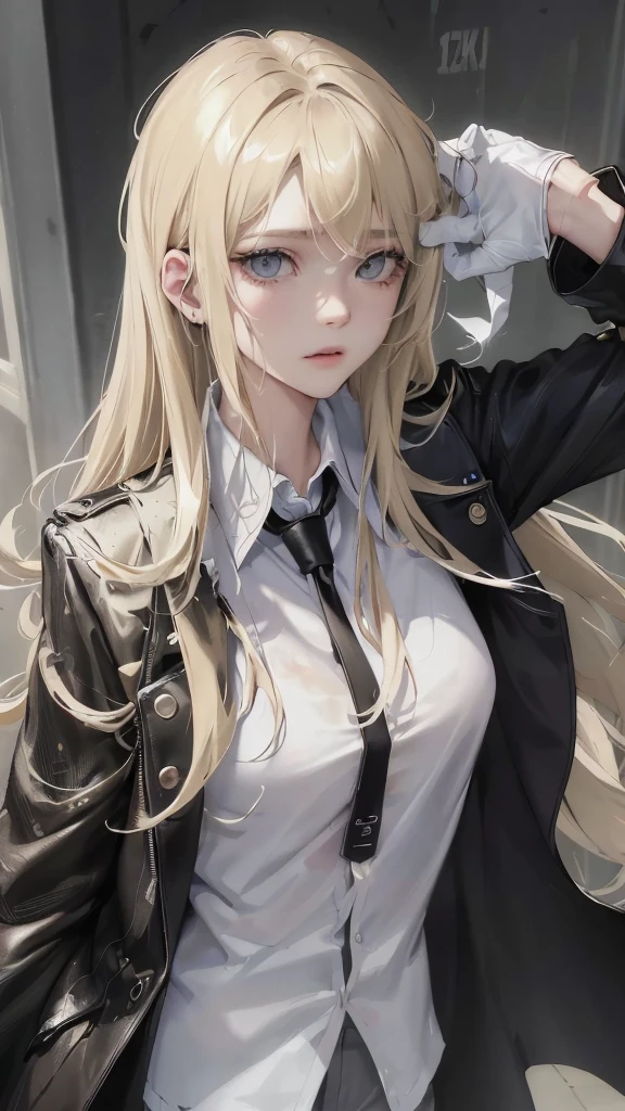 (Top resolution、Distinct_image)top-quality、A girl、masterpiece、highly detailed, half body, Semi-realistic、grey eyes 、18year old、blonde hair,young 、Exquisite facial features、Facial features ,variation potrait, injured, long hairstyles, zl apocalypse, age, cool , cold sharp eyes, An expression of despair., Torn clothes, destroyed clothes, damaged clothing, all dirty, dirty, dirt, lifeless eyes, blood on face and clothes, , {Very detailed 8k CG unit wallpaper}, Handsome, solo, female, mafia, black shirt, white pant, black gloves, white coat,