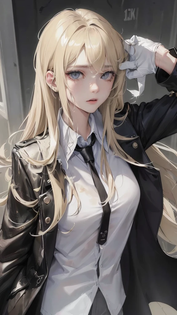 (Top resolution、Distinct_image)top-quality、A girl、​masterpiece、highly detailed, half body, Semi-realistic、grey eyes 、18year old、blonde hair,young 、Exquisite facial features、Facial features ,variation potrait, injured, long  hairstyles, zl apocalypse, teenage, cool , cold sharp eyes, An expression of despair., Torn clothes, destroyed clothes, damaged clothing, all dirty, dirty, dirt, lifeless eyes, blood on face and clothes, , {Very detailed 8k CG unit wallpaper}, Handsome, solo, female, mafia, black shirt, white pant, black gloves, white coat,